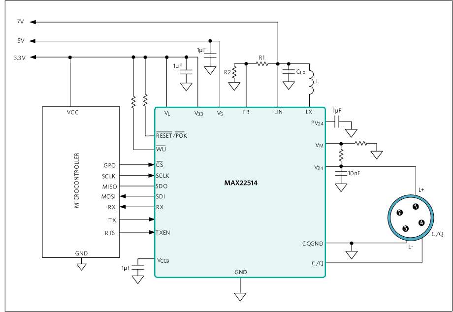 Application Circuit Diagram - Analog Devices / Maxim Integrated MAX22514 Surge Protected IO-Link Transceiver