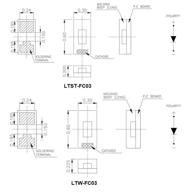 Mechanical Drawing - Lite-On LTST-/LTW-FC03 SMD LEDs