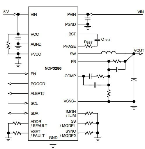 Application Circuit Diagram - onsemi NCP3286 Stackable Synchronous Buck Regulator