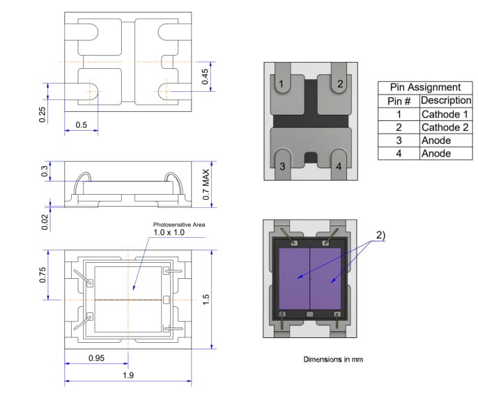 Mechanical Drawing - Broadcom AFBR-S4P11P012R Dual-Channel Photomultiplier
