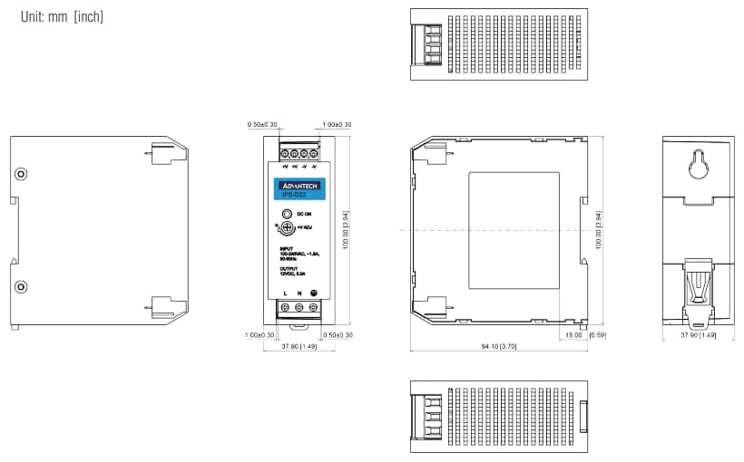 Mechanical Drawing - Advantech IPS-D22A60W DIN-Rail Power Supplies