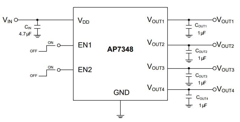 Application Circuit Diagram - Diodes Incorporated AP7348 Low Noise LDO with Enable