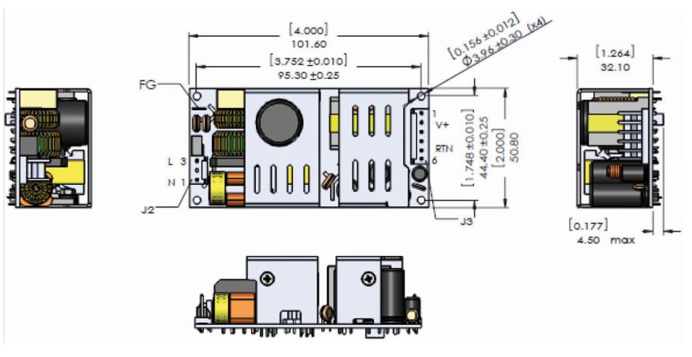 Mechanical Drawing - SL Power SLB125 125W Single Output Power Supplies