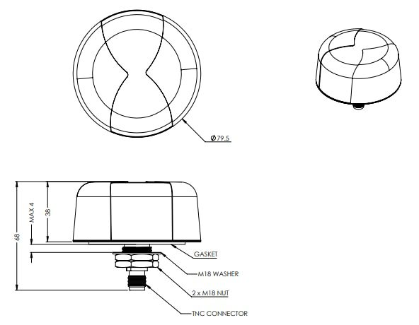 Mechanical Drawing - Maxtena M1590HCT-LP-SM Inmarsat Hole Mount Antenna