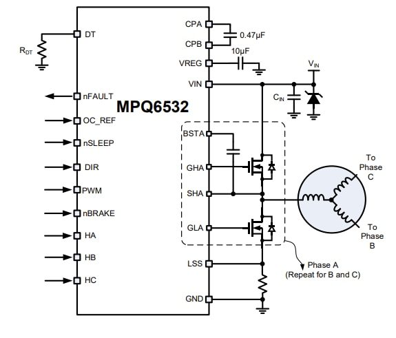 Application Circuit Diagram - Monolithic Power Systems (MPS) MPQ6532 Three-Phase Brushless DC Motor Pre-Drivers