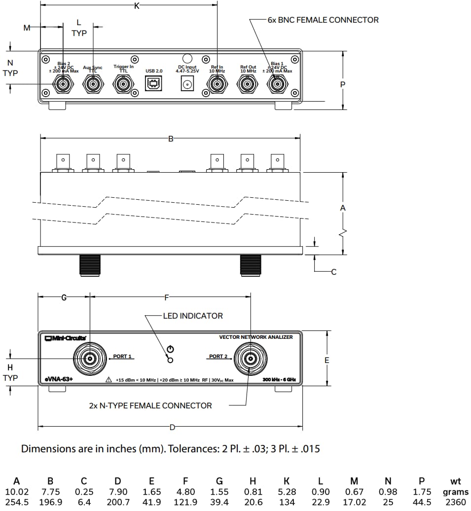 Mechanical Drawing - Mini-Circuits eVNA-63+ Vector Network Analyzer