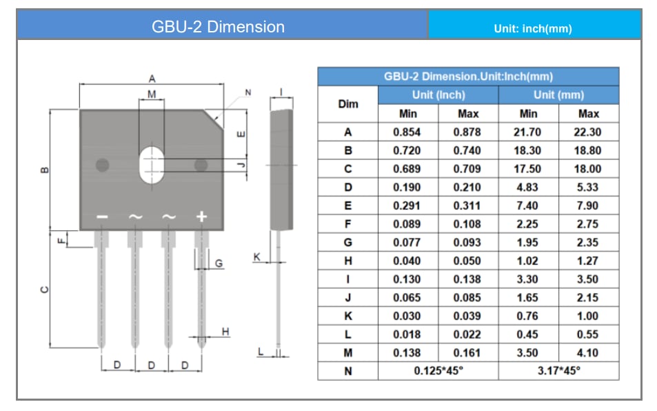 Mechanical Drawing - PANJIT GBU Glass Passivated Bridge Rectifiers Mechanical Drawing - PANJIT GBU Glass Passivated Bridge Rectifiers