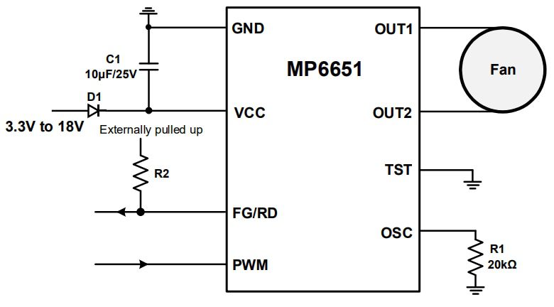 Application Circuit Diagram - Monolithic Power Systems (MPS) MP6651 Single-Phase BLDC Drivers