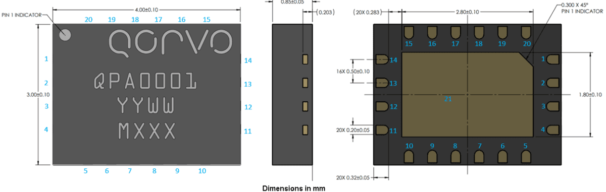 Mechanical Drawing - Qorvo QPA0001 GaN Driver Amplifiers Mechanical Drawing - Qorvo QPA0001 GaN Driver Amplifiers