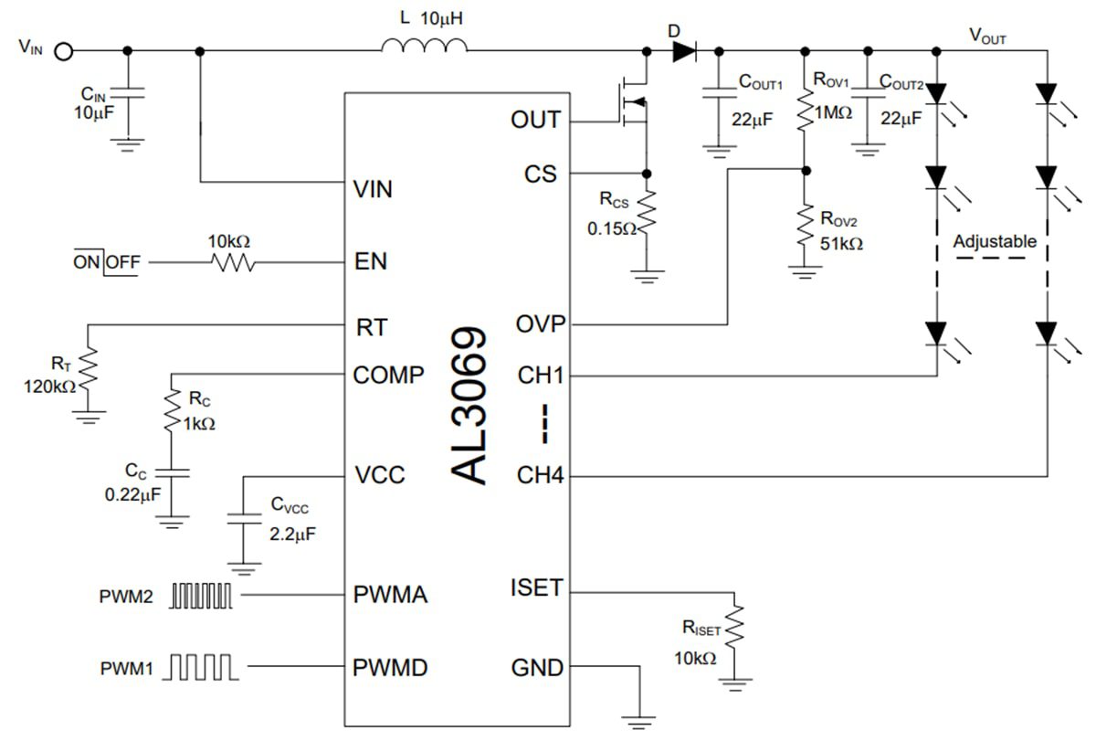 Application Circuit Diagram - Diodes Incorporated AL3069 Four-Channel Boost Controller