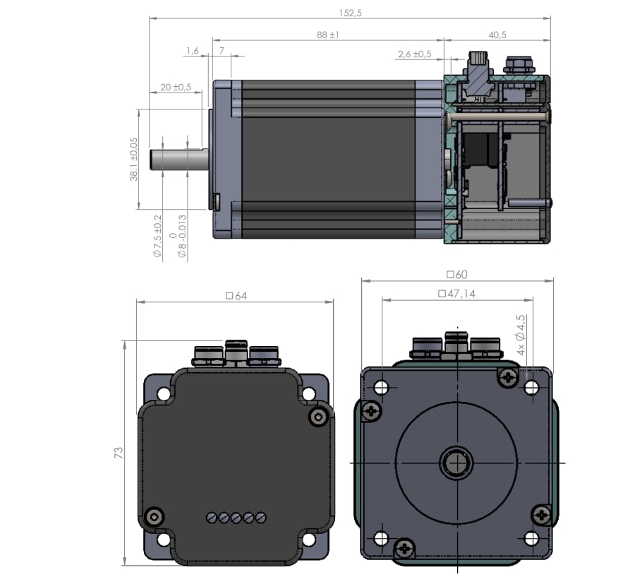 Mechanical Drawing - Analog Devices / Maxim Integrated PD60-4H-1461-CoE Single Axis Stepper Motor Mechanical Drawing - Analog Devices / Maxim Integrated PD60-4H-1461-CoE Single Axis Stepper Motor