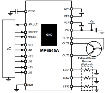 Application Circuit Diagram - Monolithic Power Systems (MPS) MP6545 & MP6545A Three-Phase Power Stage ICs