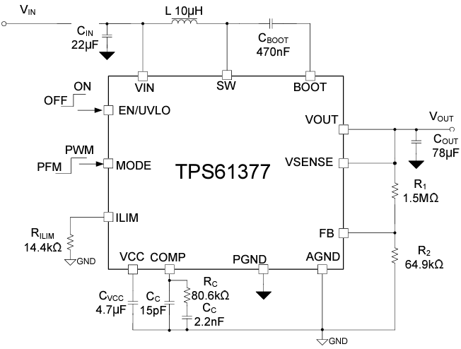 Application Circuit Diagram - Texas Instruments TPS61377 Synchronous Boost Converters