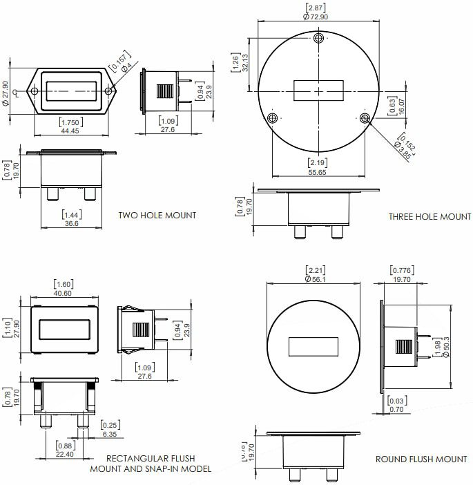 Mechanical Drawing - Trumeter 3410 Series Electronic LCD Hour Meters