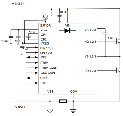 Application Circuit Diagram - Infineon Technologies 6ED2742S01Q Pre-Regulated 3-Phase SOI Gate Driver