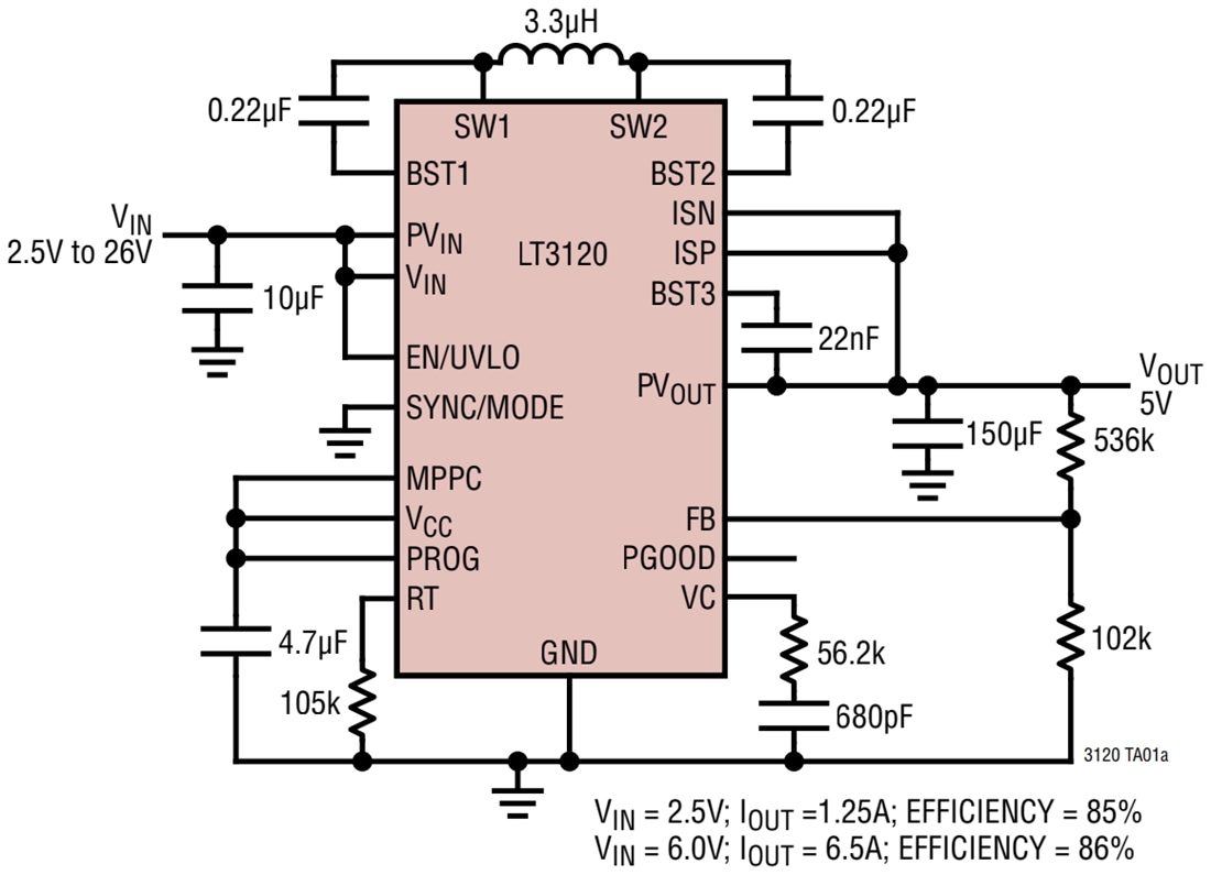 Application Circuit Diagram - Analog Devices Inc. LT3120 Monolithic Buck-Boost Converter
