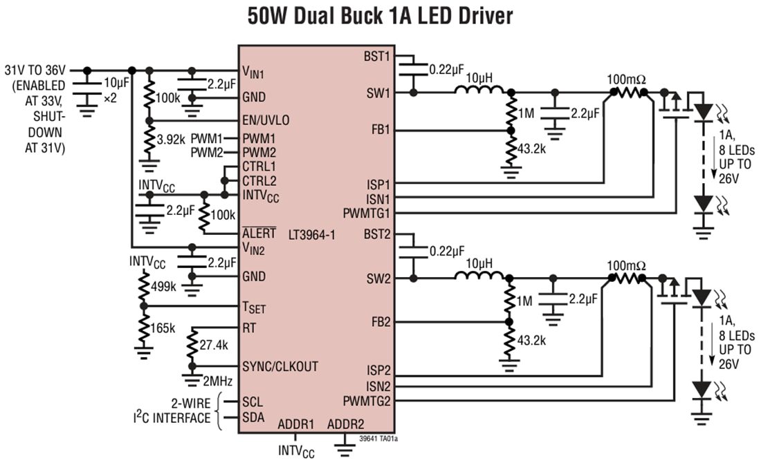 Application Circuit Diagram - Analog Devices Inc. LT3964-1 Synchronous 2A Buck LED Driver