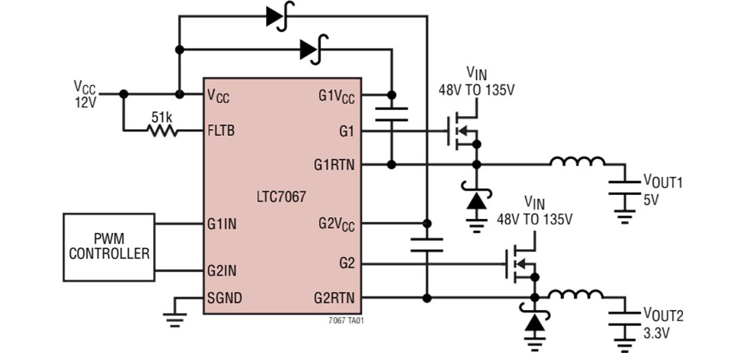 Application Circuit Diagram - Analog Devices Inc. LTC7067 Dual High-Side MOSFET Gate Driver
