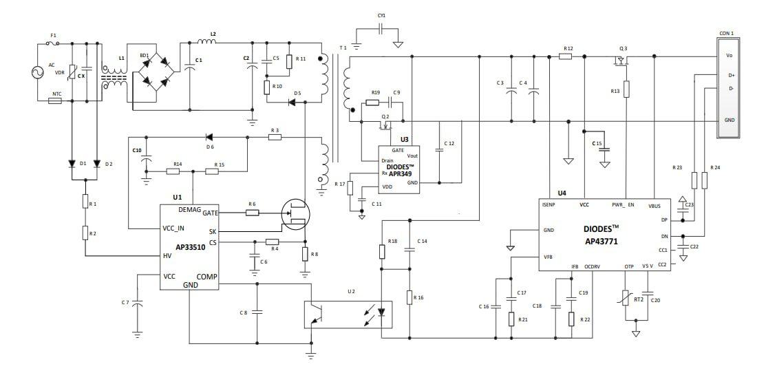 Application Circuit Diagram - Diodes Incorporated AP33510 Quasi-Resonant Flyback GAN Controller
