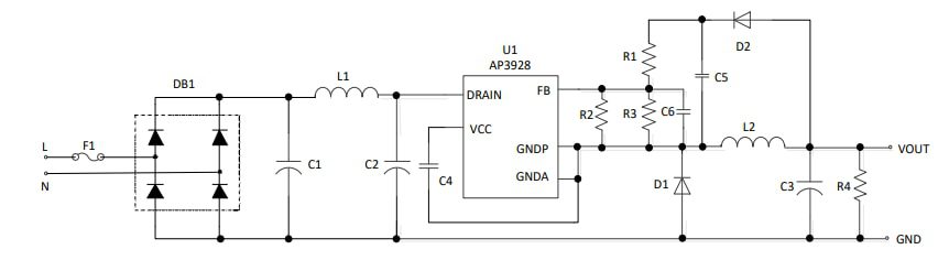 Application Circuit Diagram - Diodes Incorporated AP3928 Universal AC Step Down Power Switcher