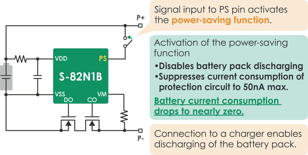 Application Circuit Diagram - ABLIC S-82M1A, S-82N1A, S-82N1B Battery Protection ICs