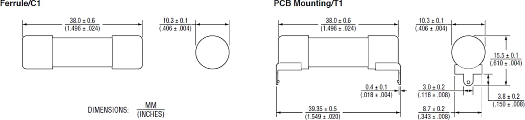 Mechanical Drawing - Bourns PF-E POWrFuse™ Photovoltaic (gPV) Power Fuses Mechanical Drawing - Bourns PF-E POWrFuse™ Photovoltaic (gPV) Power Fuses