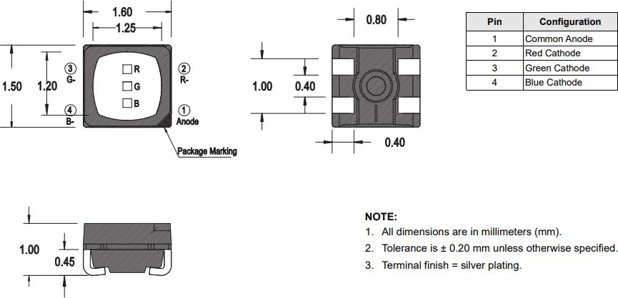 Mechanical Drawing - Broadcom ASCB-JTC2 Tricolor PLCC-4 LED
