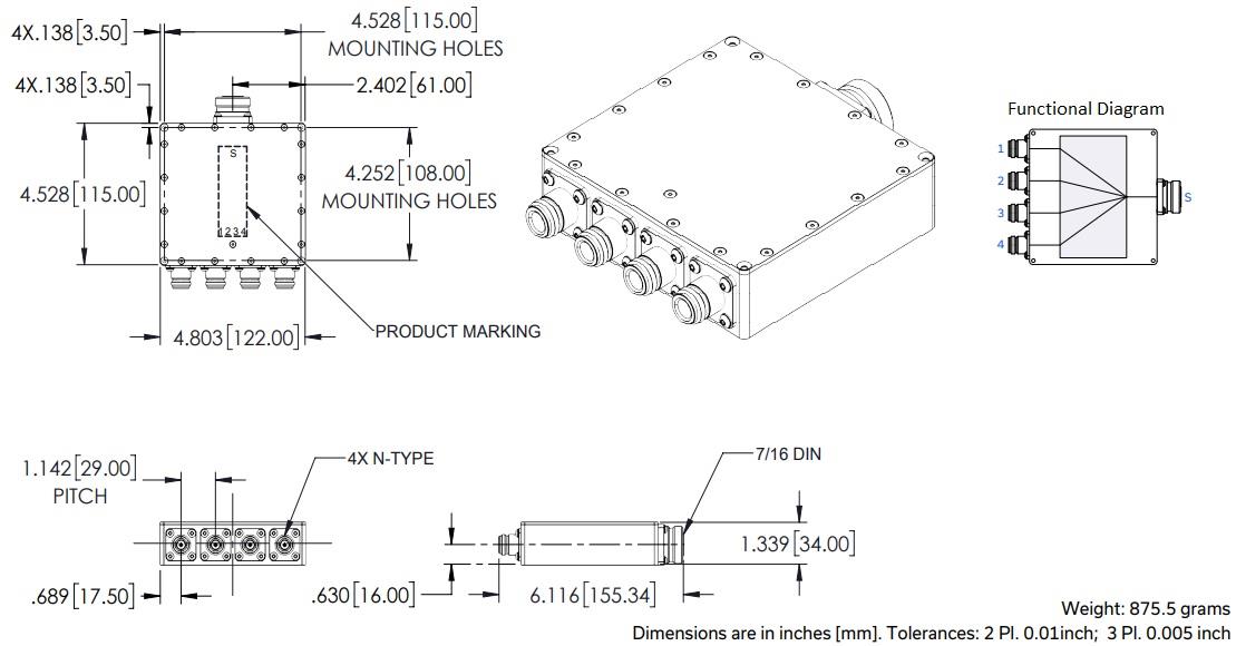 Mechanical Drawing - Mini-Circuits COM-2G42G51K0+ 4-Ways Power Splitter