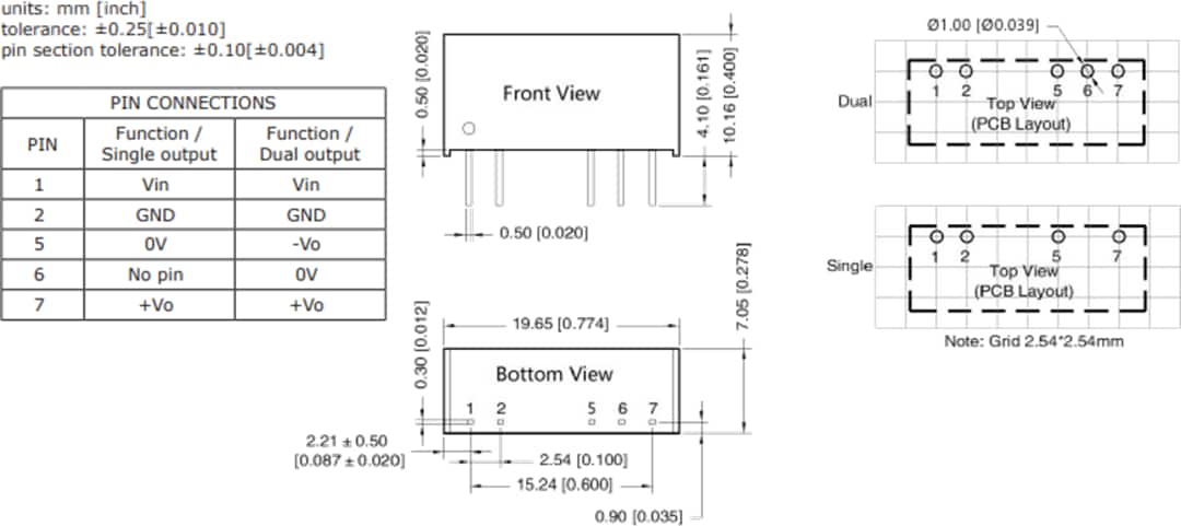 Mechanical Drawing - CUI Inc PEME2-S 2W Isolated DC-DC Converters