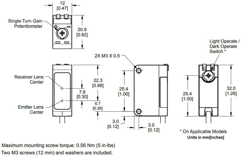 Mechanical Drawing - Banner Engineering Q20-2 Polarized Retroreflective Sensors