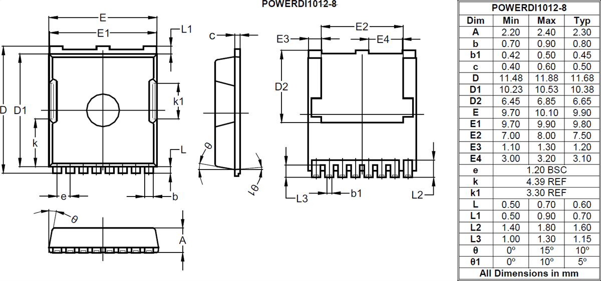 Mechanical Drawing - Diodes Incorporated DMTH8001STLWQ Automotive Enhancement-Mode MOSFET