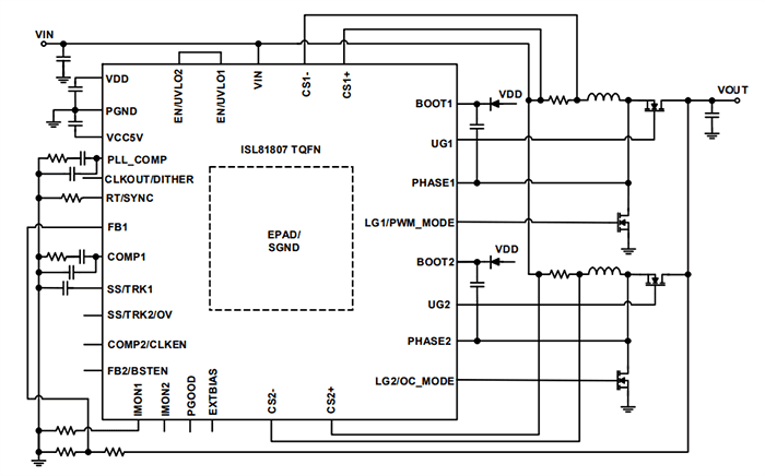 Application Circuit Diagram - Renesas Electronics ISL81807 80V Dual Synchronous Boost Controller