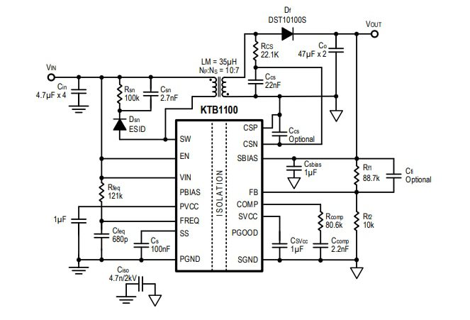 Application Circuit Diagram - Kinetic Technologies KTB1100 15W Flyback Regulator