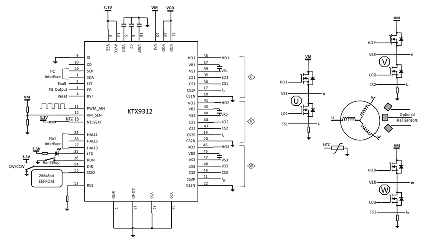 Application Circuit Diagram - Kinetic Technologies KTX9312 3-Phase BLDC Motor Controller IC