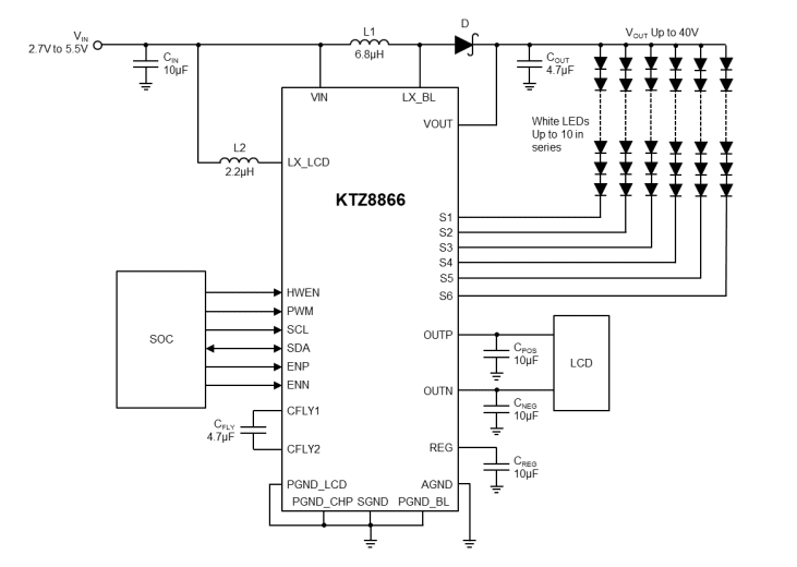 Application Circuit Diagram - Kinetic Technologies KTZ8866 High Efficiency 6-Ch LED Backlight Driver