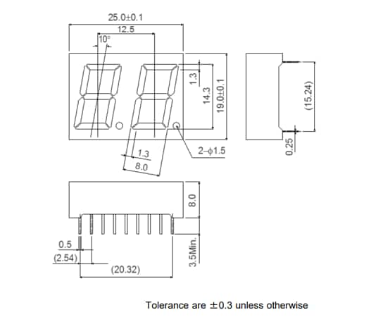 Mechanical Drawing - ROHM Semiconductor LB-602 Double Digit LED Numeric Displays Mechanical Drawing - ROHM Semiconductor LB-602 Double Digit LED Numeric Displays