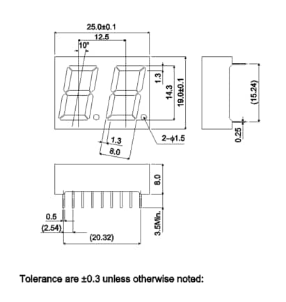 Mechanical Drawing - ROHM Semiconductor LBP-602 Double Digit LED Numeric Displays Mechanical Drawing - ROHM Semiconductor LBP-602 Double Digit LED Numeric Displays