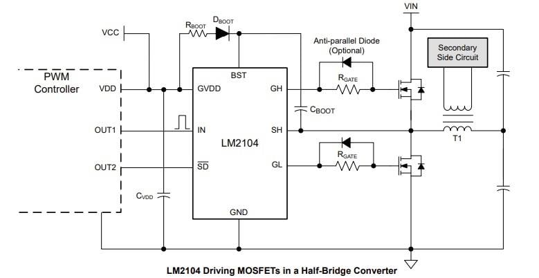 Application Circuit Diagram - Texas Instruments LM2104 Half-Bridge Gate Driver Application Circuit Diagram - Texas Instruments LM2104 Half-Bridge Gate Driver