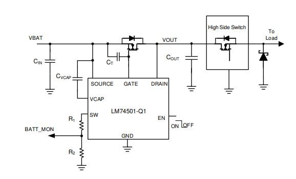 Application Circuit Diagram - Texas Instruments LM74501-Q1 Reverse Polarity Protection Controller