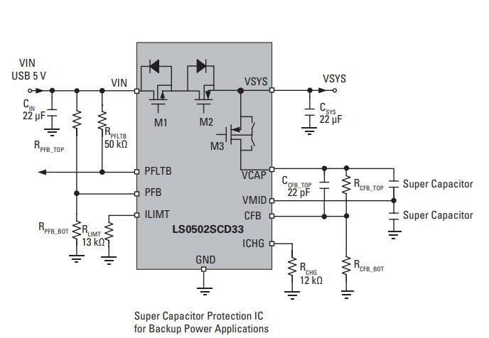 Application Circuit Diagram - Littelfuse LS0502SCD33 Supercapacitor Protection IC