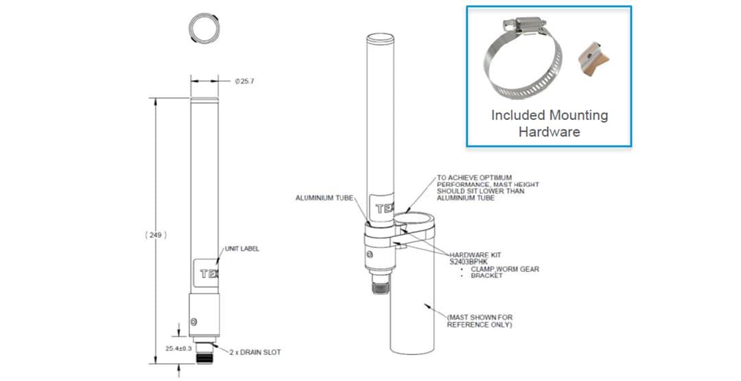Mechanical Drawing - TE Connectivity / Laird External Antennas OC69421 4G/5G, C-Band, CBRS Multiband Omni Antenna