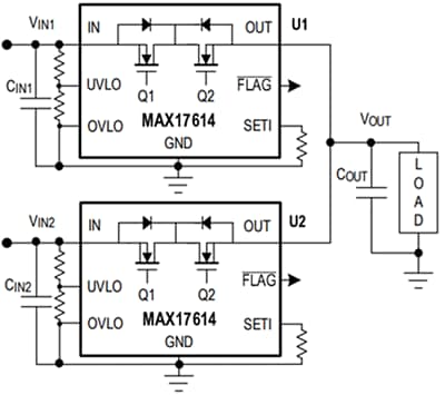 Application Circuit Diagram - Analog Devices / Maxim Integrated MAX17614 Ideal Diode/Power Source Selectors