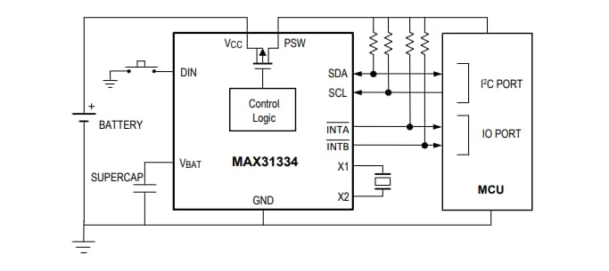 Application Circuit Diagram - Analog Devices / Maxim Integrated MAX31334 Ultra-Low-Power Real Time Clock