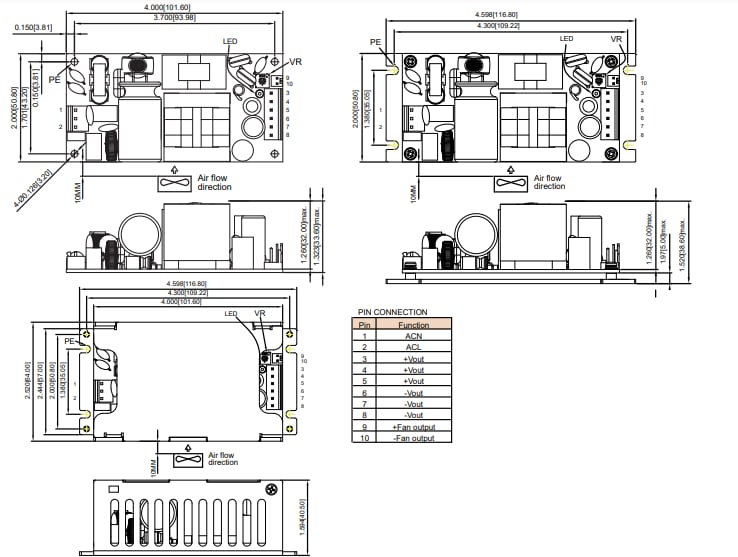 Mechanical Drawing - Cincon CFM260S Series AC-DC Power Supplies with PFC