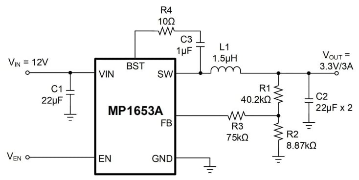 Application Circuit Diagram - Monolithic Power Systems (MPS) MP1653A Synchronous Step-Down Converters Application Circuit Diagram - Monolithic Power Systems (MPS) MP1653A Synchronous Step-Down Converters