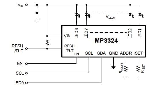 Application Circuit Diagram - Monolithic Power Systems (MPS) MP3324 8-Channel White LED Drivers Application Circuit Diagram - Monolithic Power Systems (MPS) MP3324 8-Channel White LED Drivers