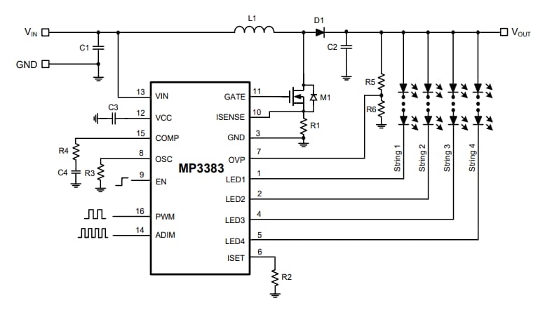 Application Circuit Diagram - Monolithic Power Systems (MPS) MP3383 Step-Up WLED Controllers Application Circuit Diagram - Monolithic Power Systems (MPS) MP3383 Step-Up WLED Controllers