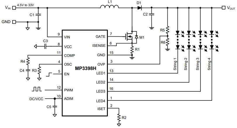 Application Circuit Diagram - Monolithic Power Systems (MPS) MP3398H Series Step-Up WLED Controllers
