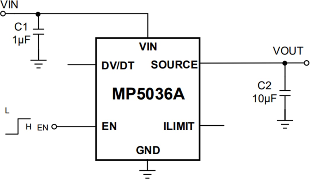 Application Circuit Diagram - Monolithic Power Systems (MPS) MP5036A Current Limit Switch