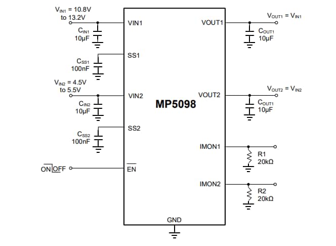 Application Circuit Diagram - Monolithic Power Systems (MPS) MP5098 Dual-Channel E-Fuses